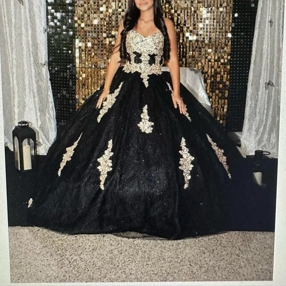 elegant black and gold dresses Elegant Black Strap Gold Glitter Detailed Layered Puffy Ruffle Dress M / Black